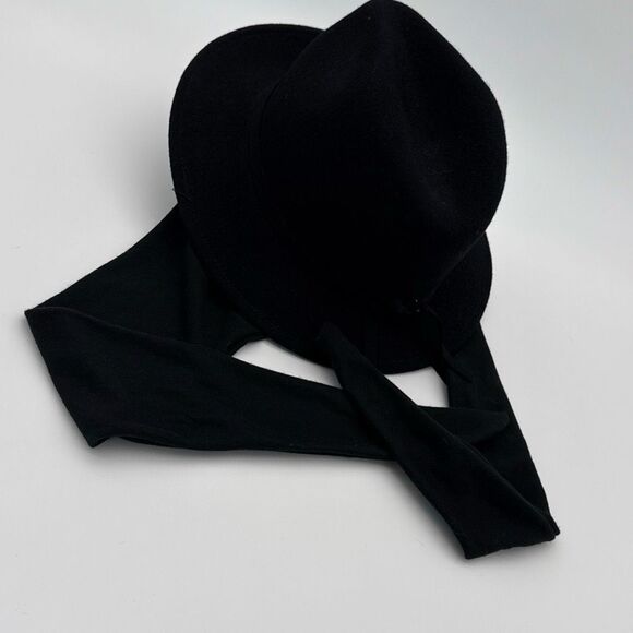 Vintage 1990s Black Wool Hat With Attached Scarf Women’s Medium Retro Winter Cap - Picture 3 of 14